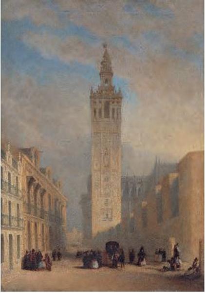 La Giralda, vista desde la calle Placentines, José Domínguez Bécquer, c. 1836, óleo sobre tela, Coleção Carmen Thyssen-Bornemisza, Madri.